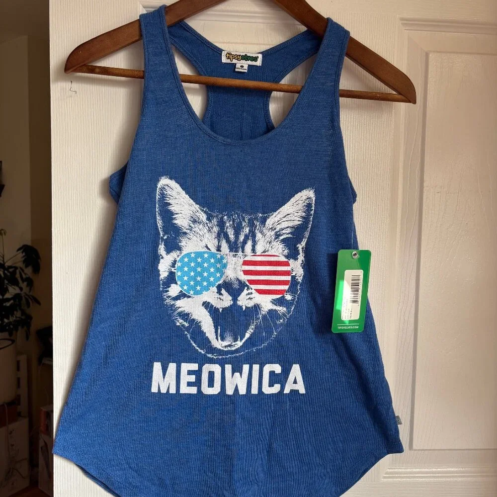 NWT Women's Tipsy Elves Meowica Blue Racer Back Tank Top - Picture 1 of 5
